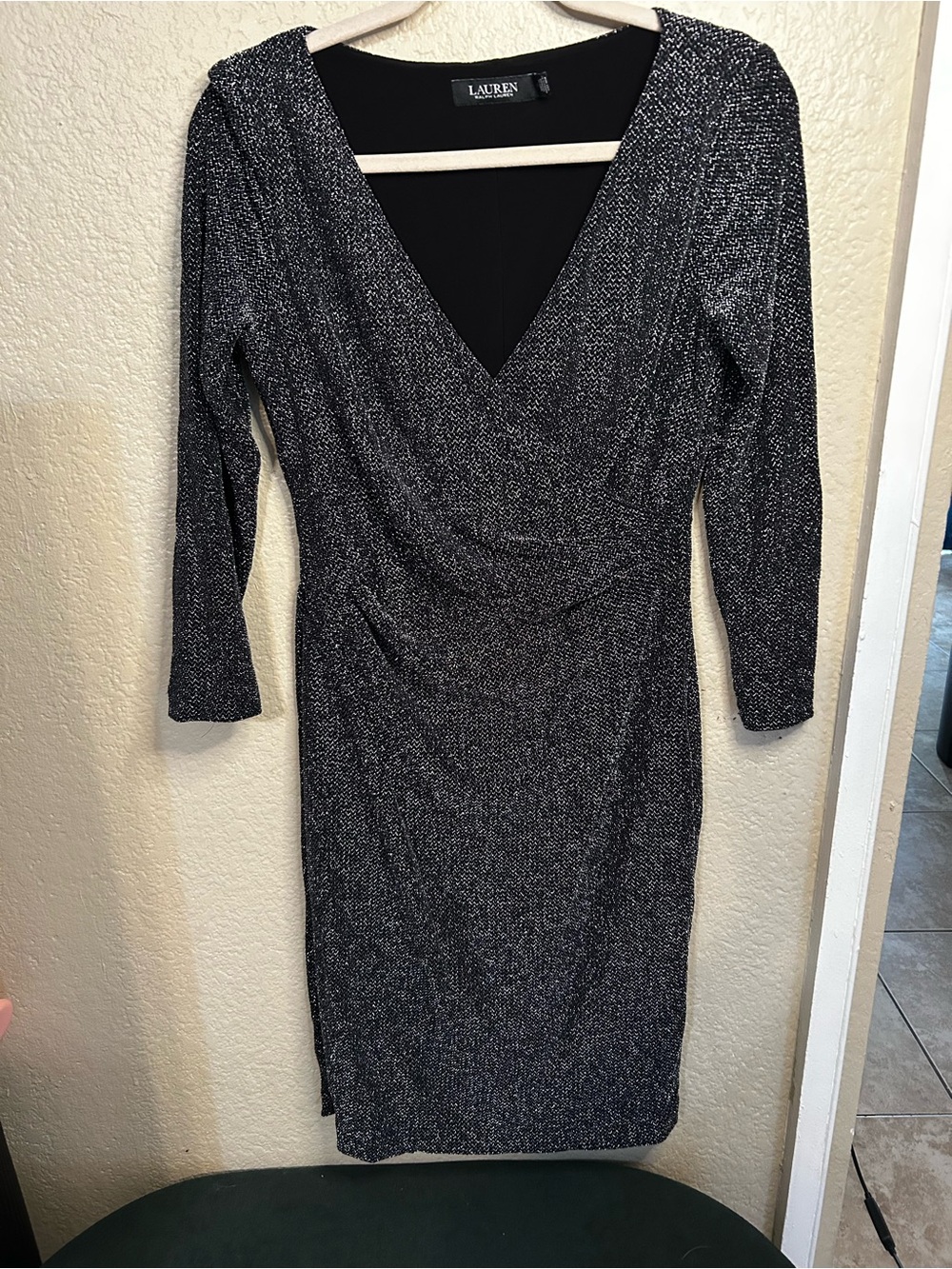 Ralph Lauren Black Metallic Long Sleeve V-Neck Sheath Dress